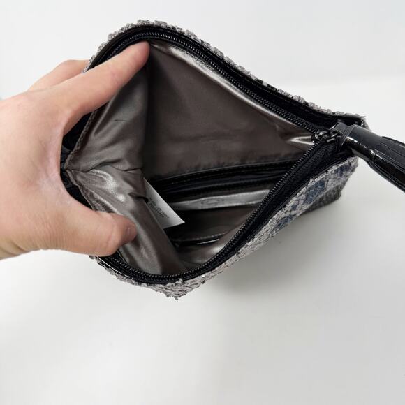 Big Buddha Black Gray Sequin Snake Print Clutch Envelope Purse Bag Tassel Zip - Picture 5 of 9